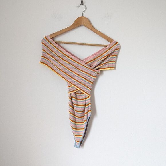 Lovers + Friends pink yellow red retro stripe crossover wrap rib Gina bodysuit - Picture 2 of 7